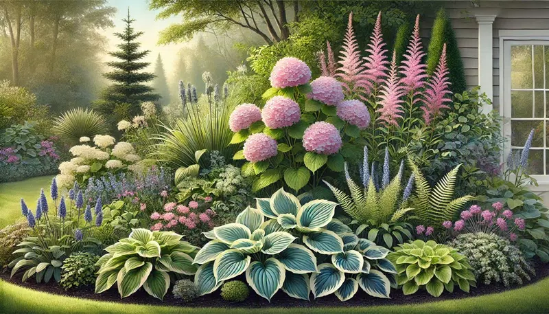 Hortensia avec plantes compagnes dans un massif